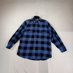 Vintage Caribou Creek Flannel Shirt Mens L Blue Plaid 100% Cotton 90s Grunge